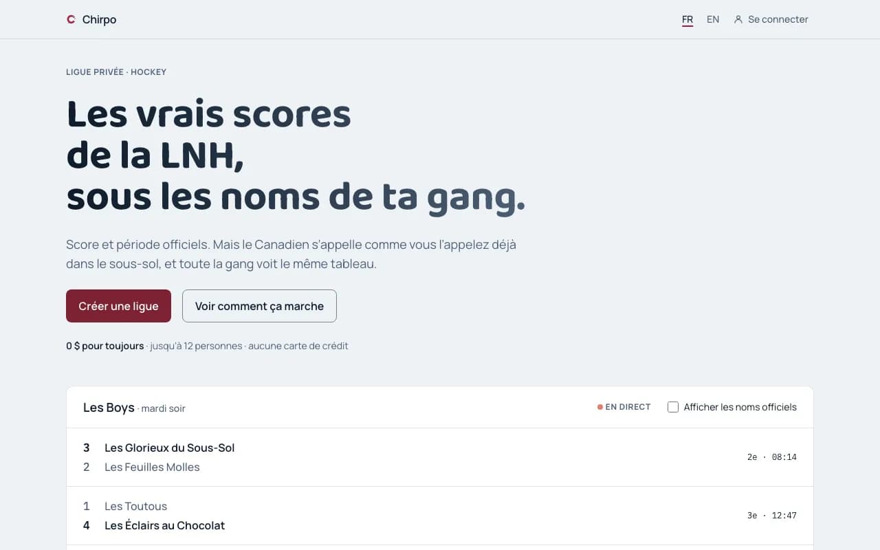 Chirpo welcome page: real NHL scores under the names your group already uses, above a live league scoreboard