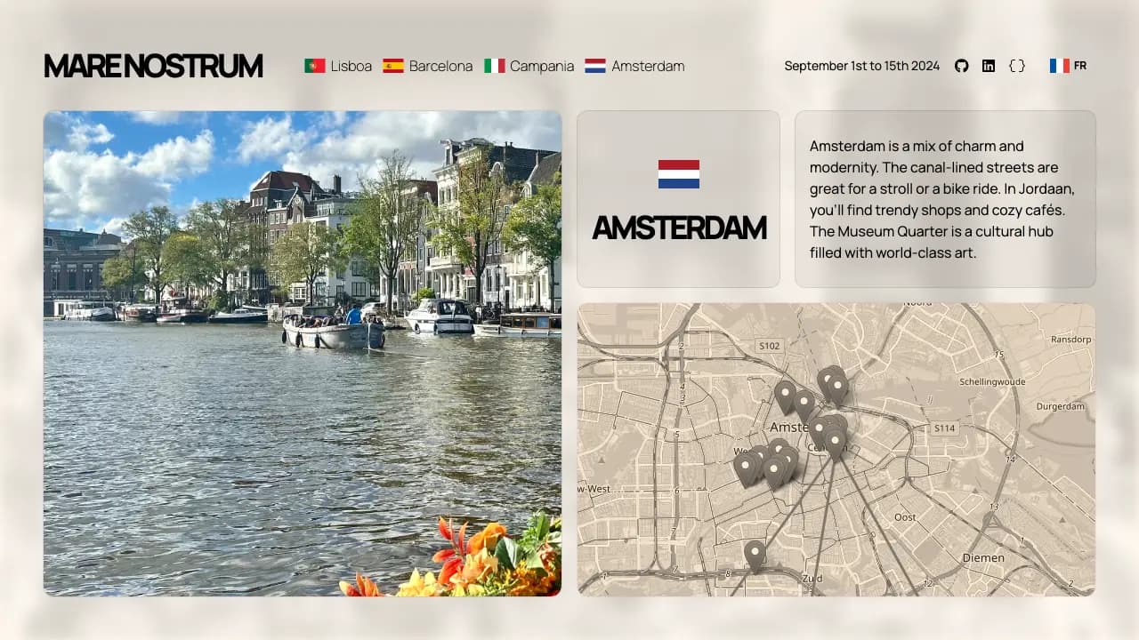 Amsterdam page with a canal photo and the visited spots pinned across the city
