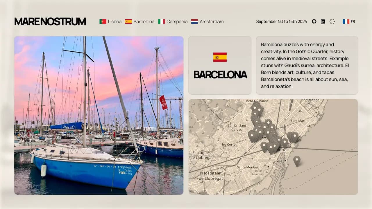 Barcelona page with moored sailboats under a pink and blue dusk sky, and every visited spot pinned across the city