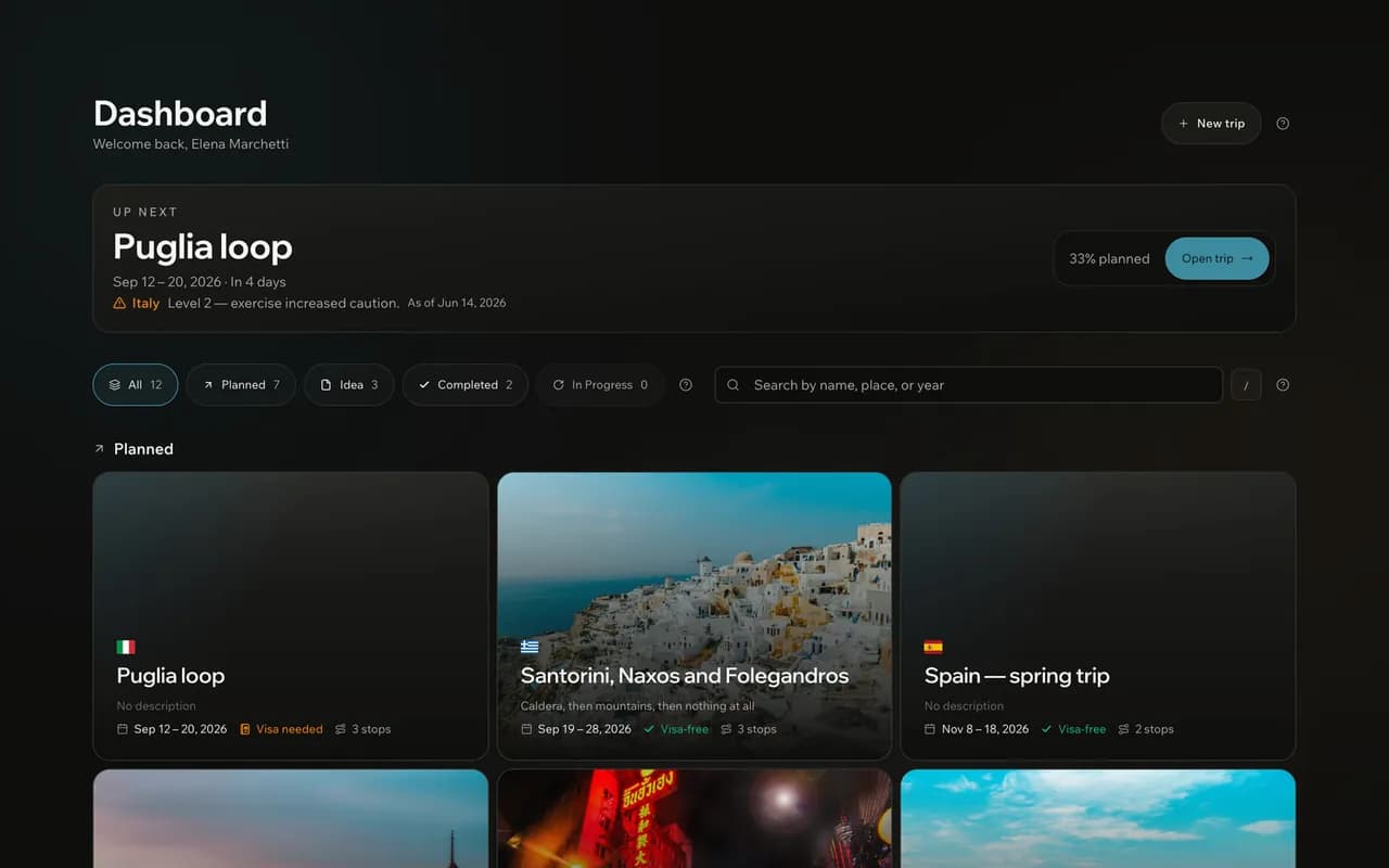 Dashboard with the next trip, its travel advisory and the planned trips