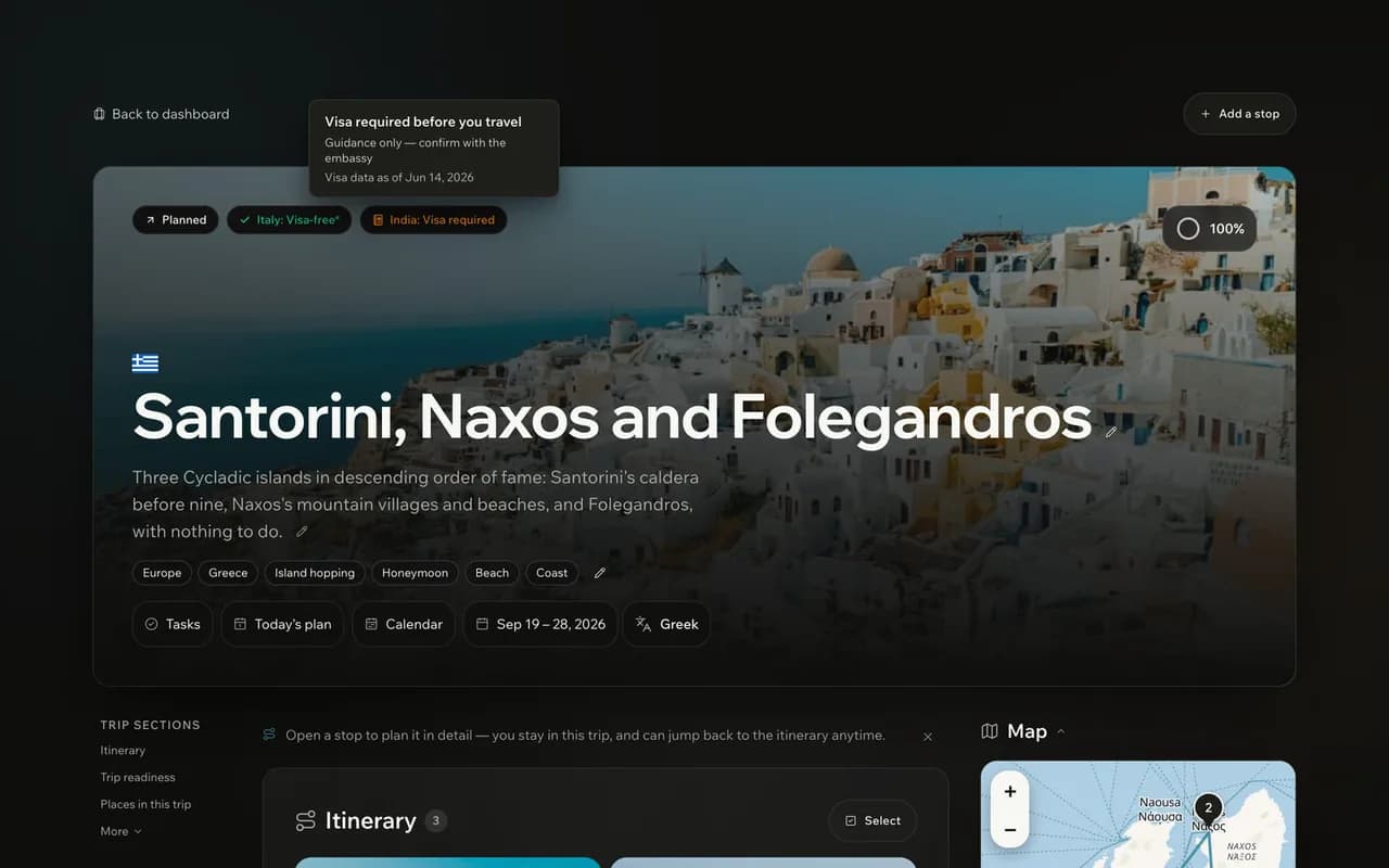 Volopro trip page for Santorini, Naxos and Folegandros with per-passport visa badges