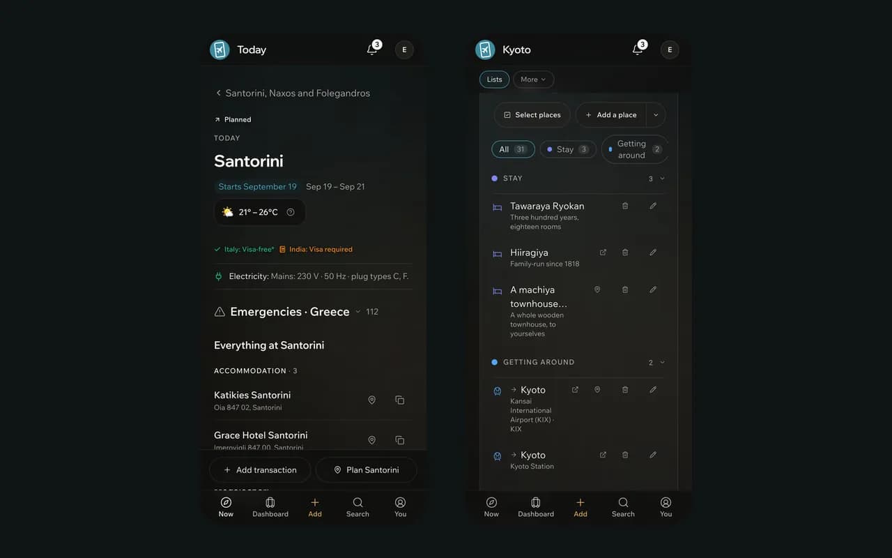 Two phone screens: today’s plan in Santorini and the saved places in Kyoto